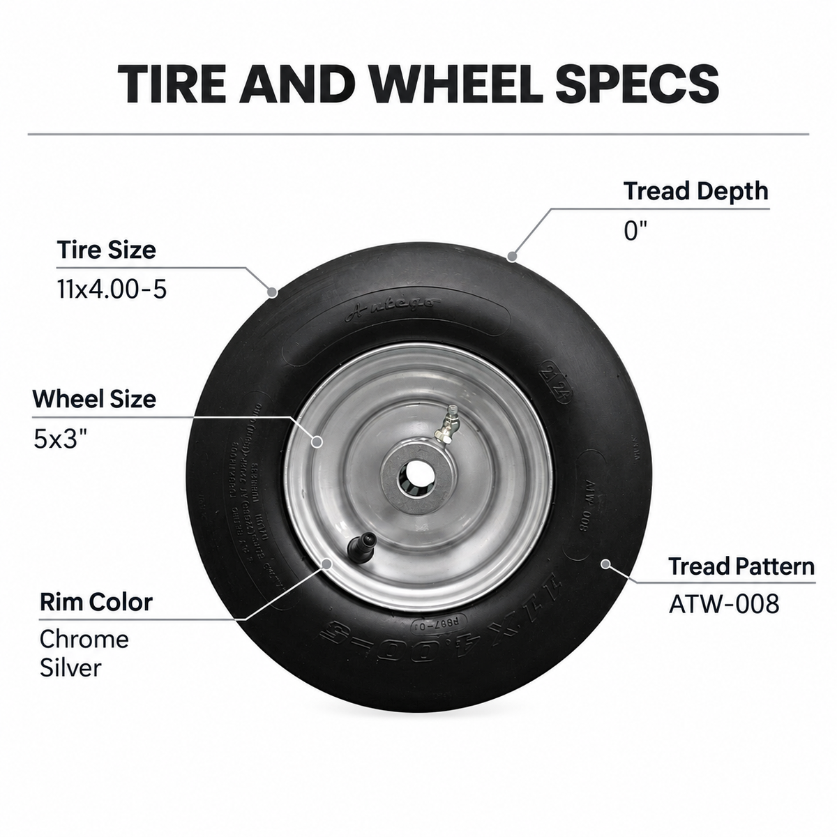 11x4.00-5 pneumatic tire and 5x3 chrome silver wheel assembly specifications
