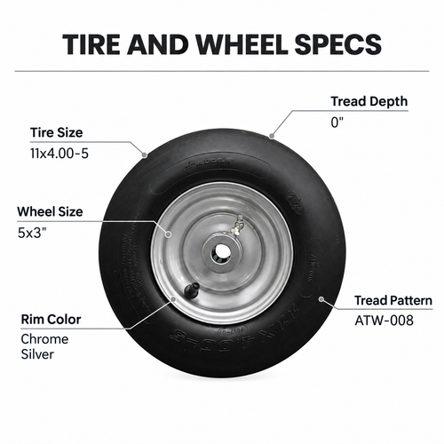 11x4.00-5 pneumatic tire and 5x3 chrome silver wheel assembly specifications