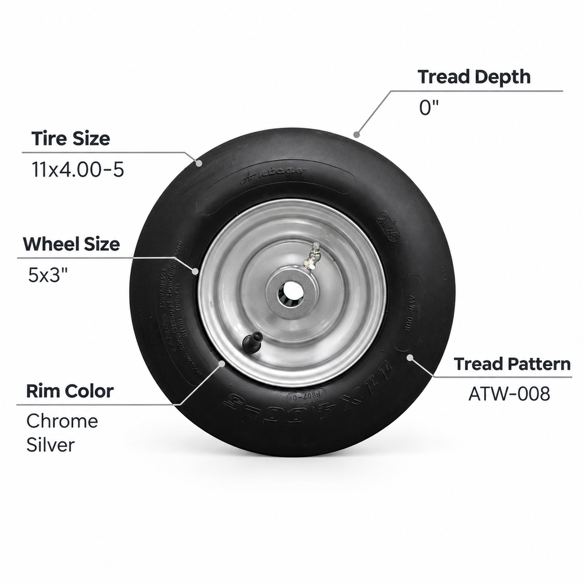 11x4.00-5 pneumatic tire and 5x3 chrome silver wheel assembly specifications