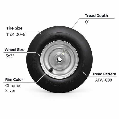 11x4.00-5 pneumatic tire and 5x3 chrome silver wheel assembly specifications