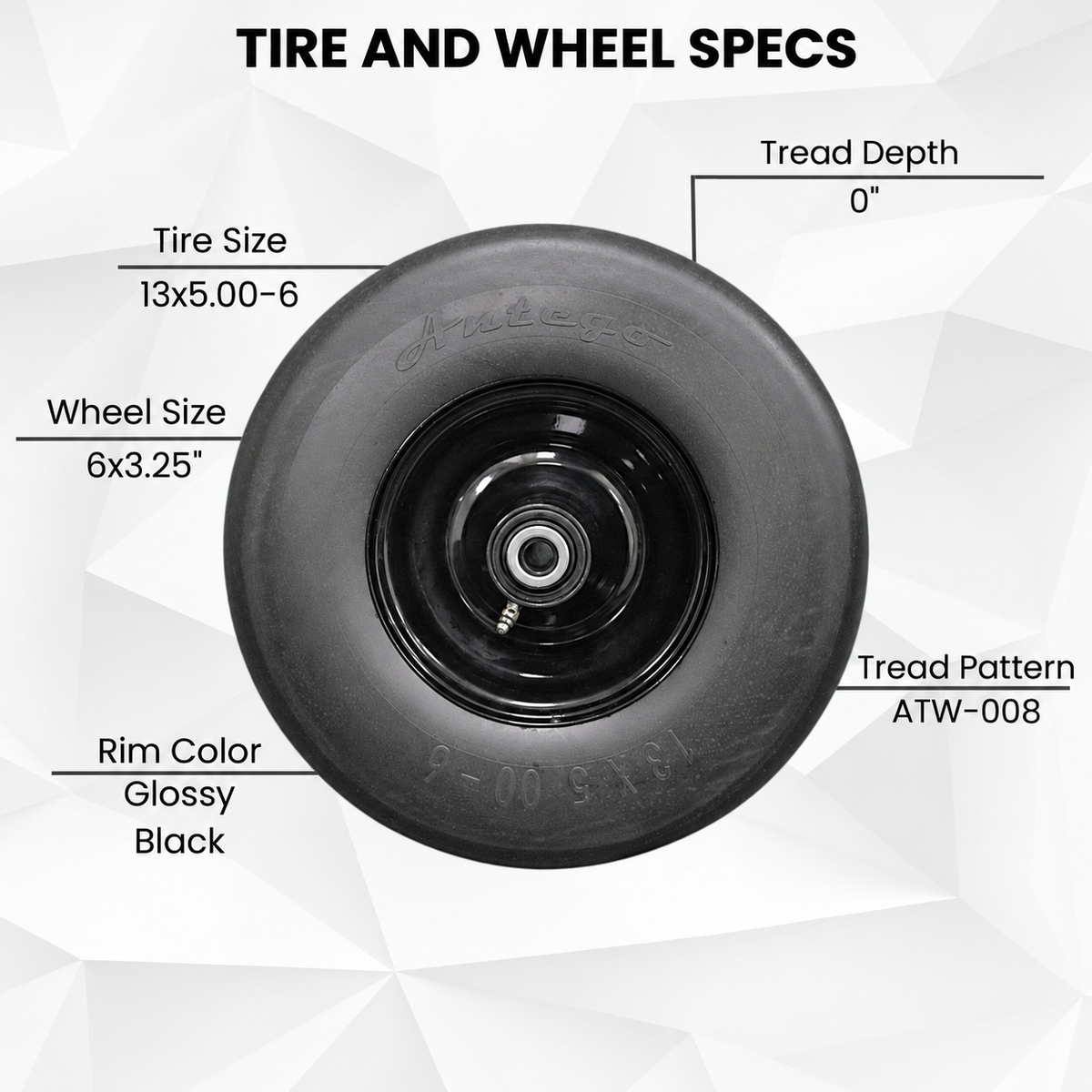 13x5.00-6 black flat-free front tire and 6x3.25 wheel assembly specifications