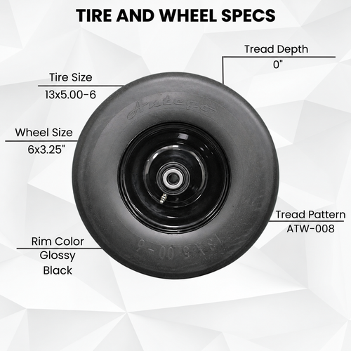 13x5.00-6 black flat-free front tire and 6x3.25 wheel assembly specifications