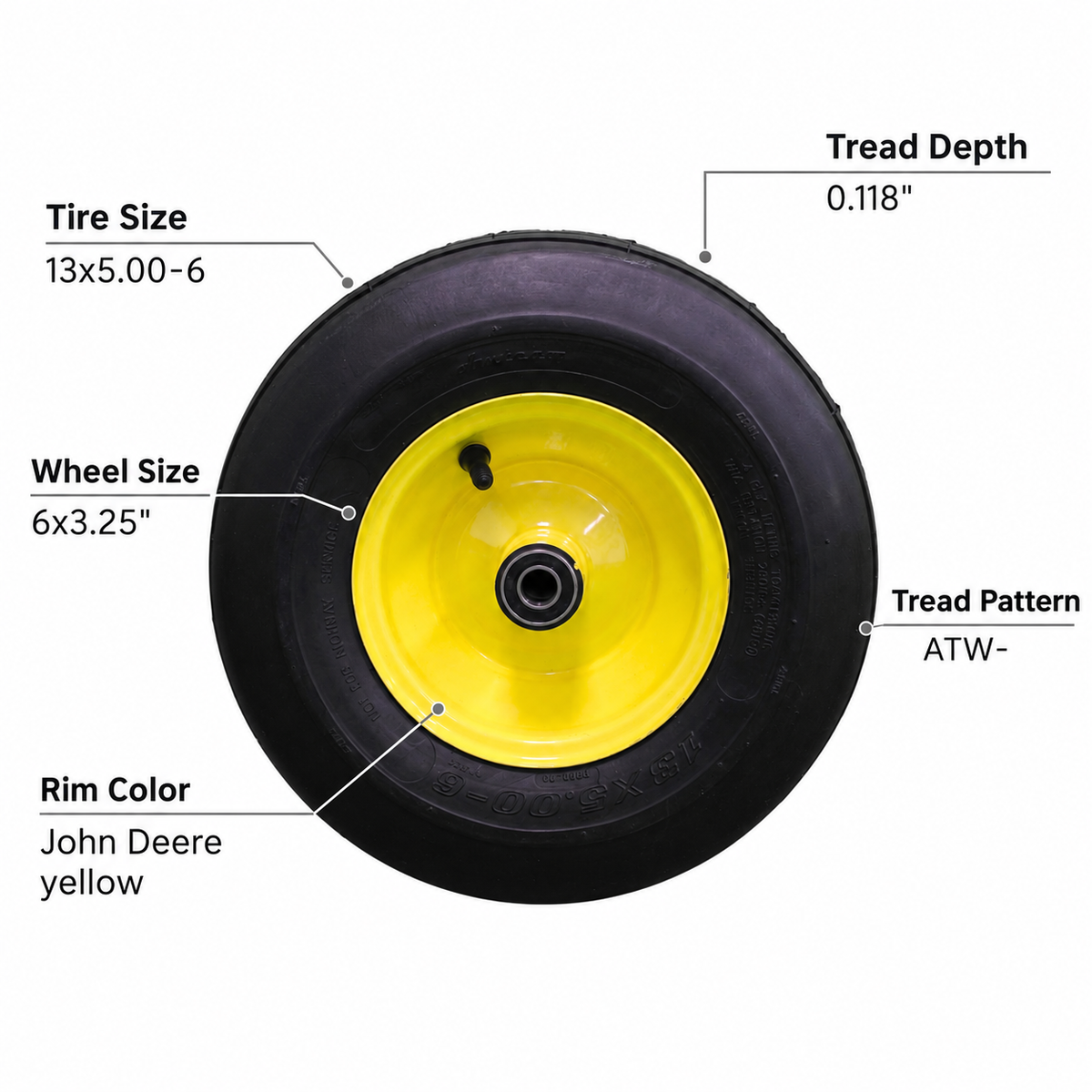 13x5.00-6 4-ply tire and 6x3.25 John Deere yellow wheel assembly specifications