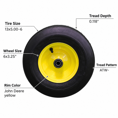 13x5.00-6 4-ply tire and 6x3.25 John Deere yellow wheel assembly specifications