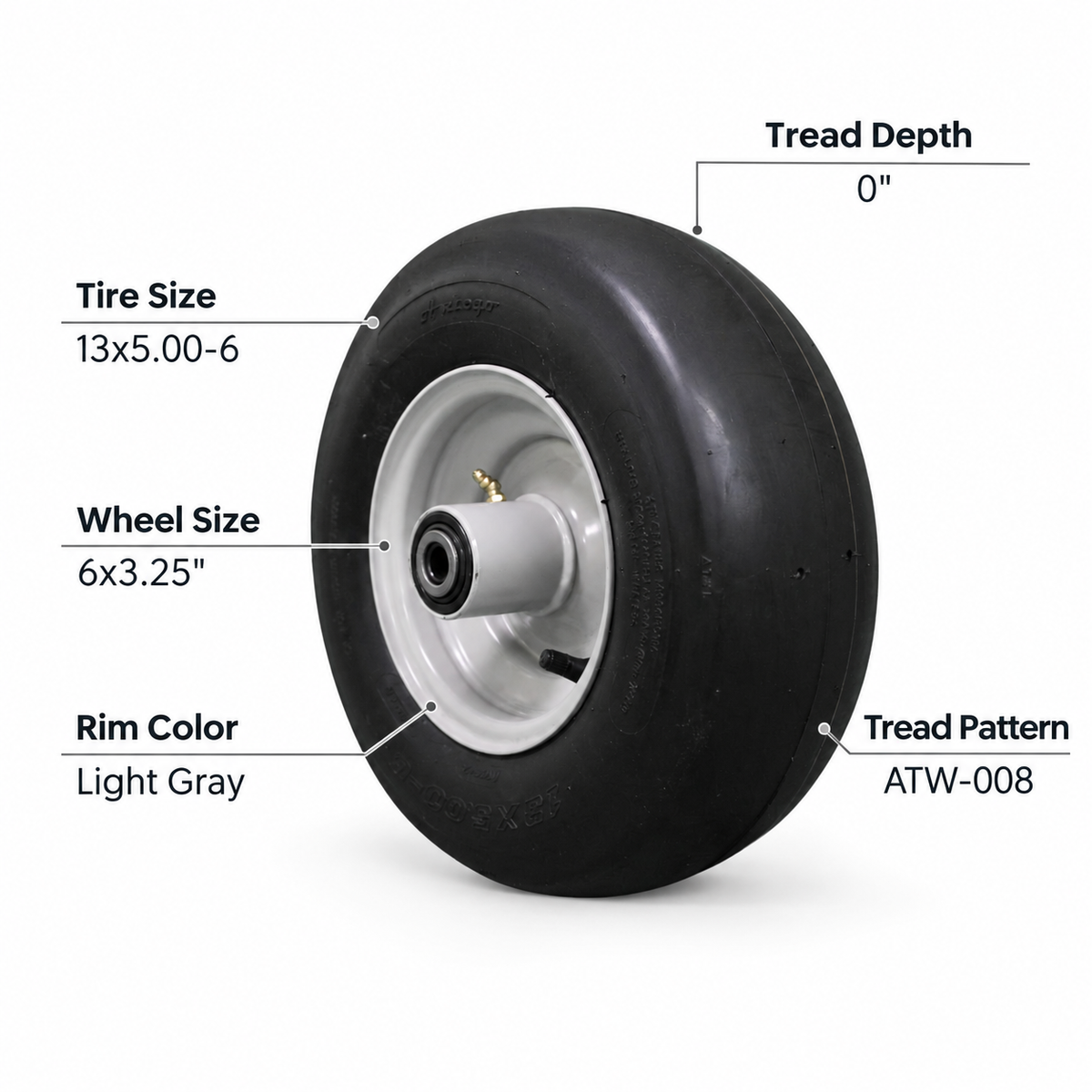 13x5.00-6 tire and 6x3.25 light gray wheel assembly specifications