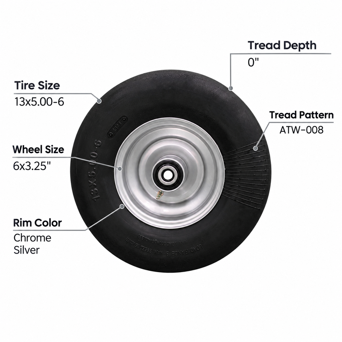 13x5.00-6 flat-free tire and 6x3.25 chrome silver wheel assembly specifications
