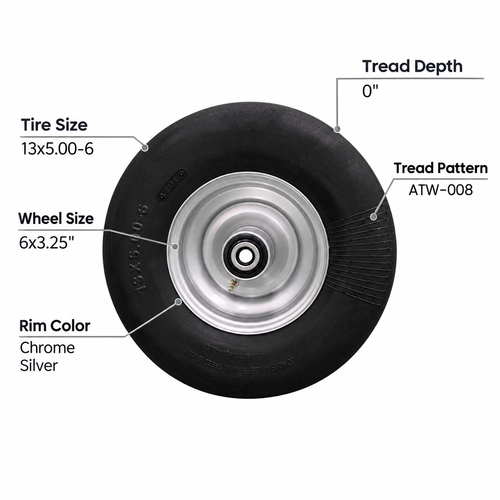 13x5.00-6 flat-free tire and 6x3.25 chrome silver wheel assembly specifications