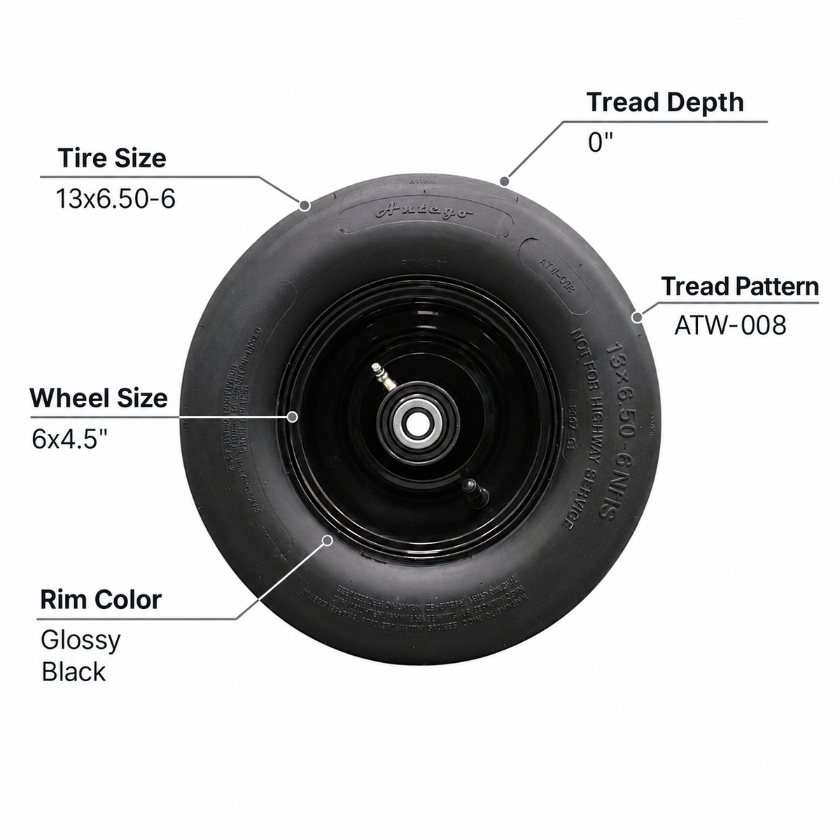 13x6.50-6 smooth tire and 6x4.5 black wheel assembly specifications