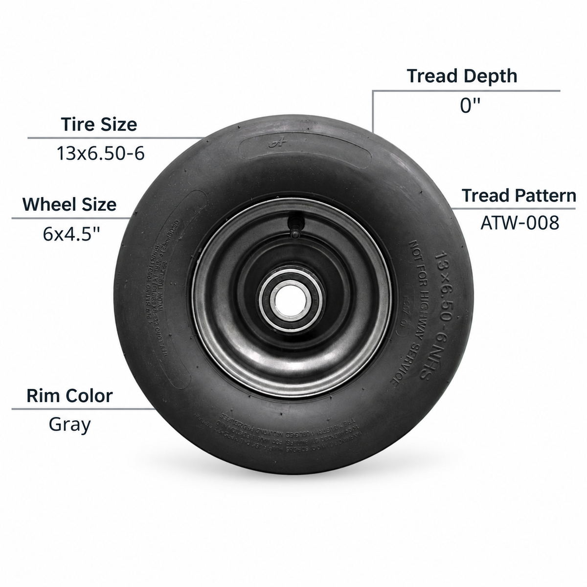 13x6.50-6 tire and 6x4.5 gray wheel assembly specifications