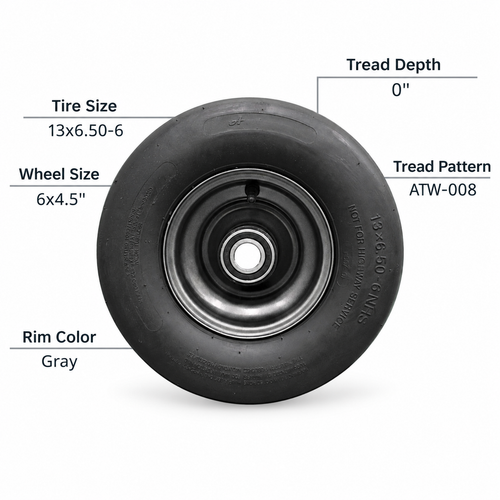 13x6.50-6 tire and 6x4.5 gray wheel assembly specifications
