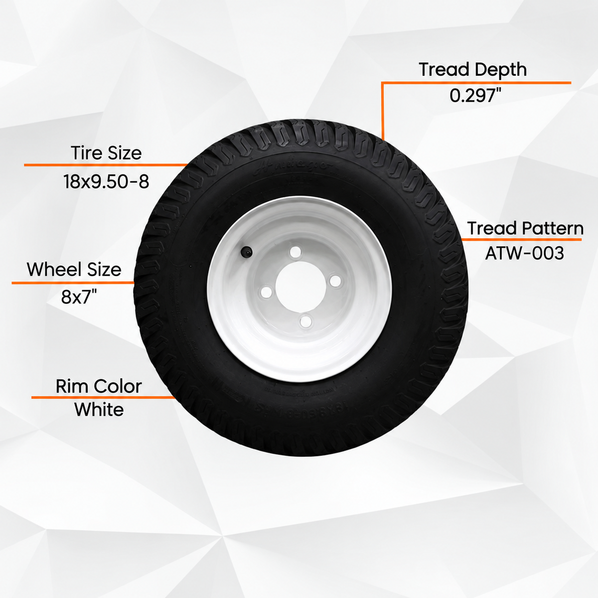 18x9.50-8 Toro and Exmark tire and white wheel assembly specifications: 8x7 wheel, ATW-003 tread, 0.297-inch tread depth