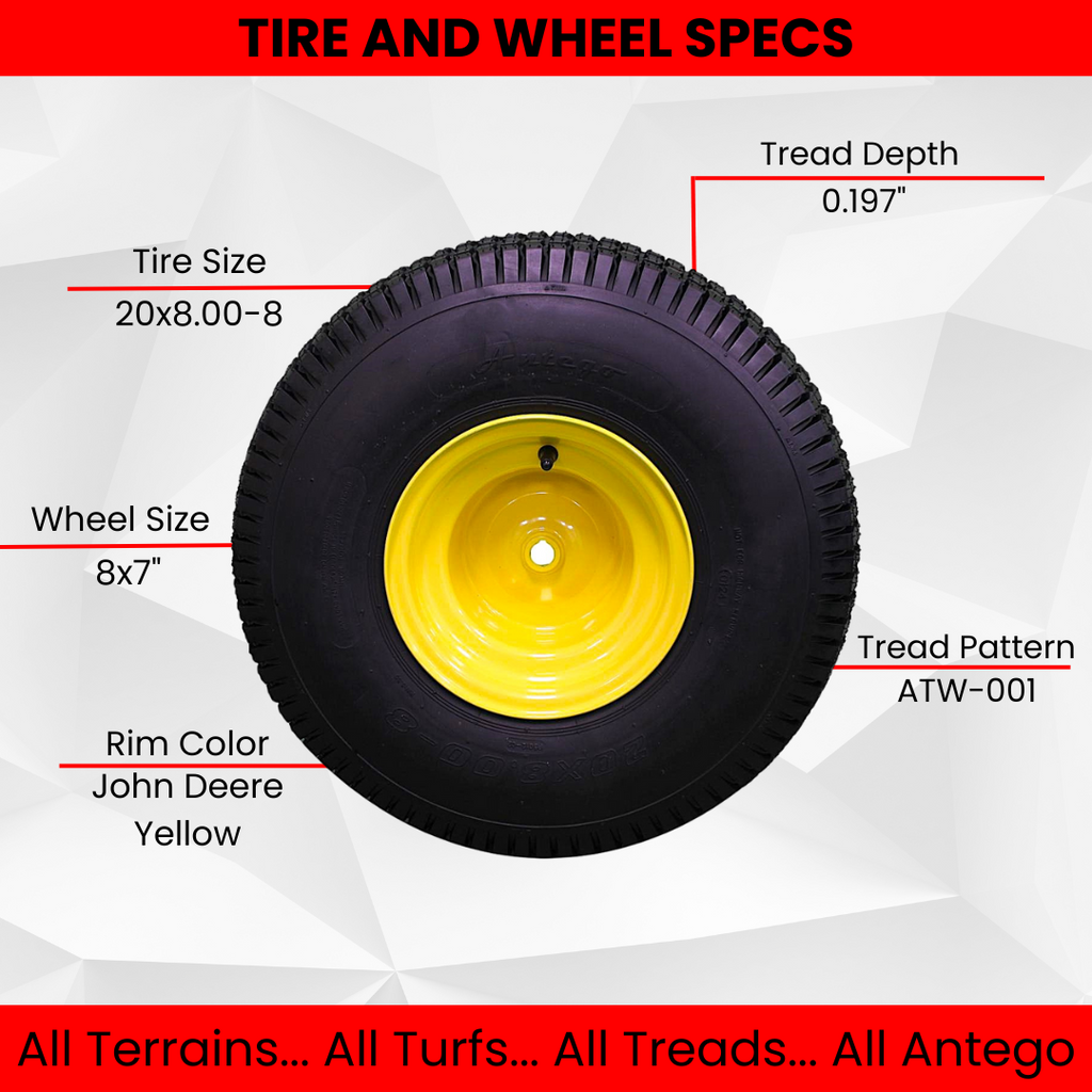 20x8.00-8 4 Ply Tires with 8x7 John Deere Yellow Wheels for Lawn & Garden Mower Turf Tires, Single product image