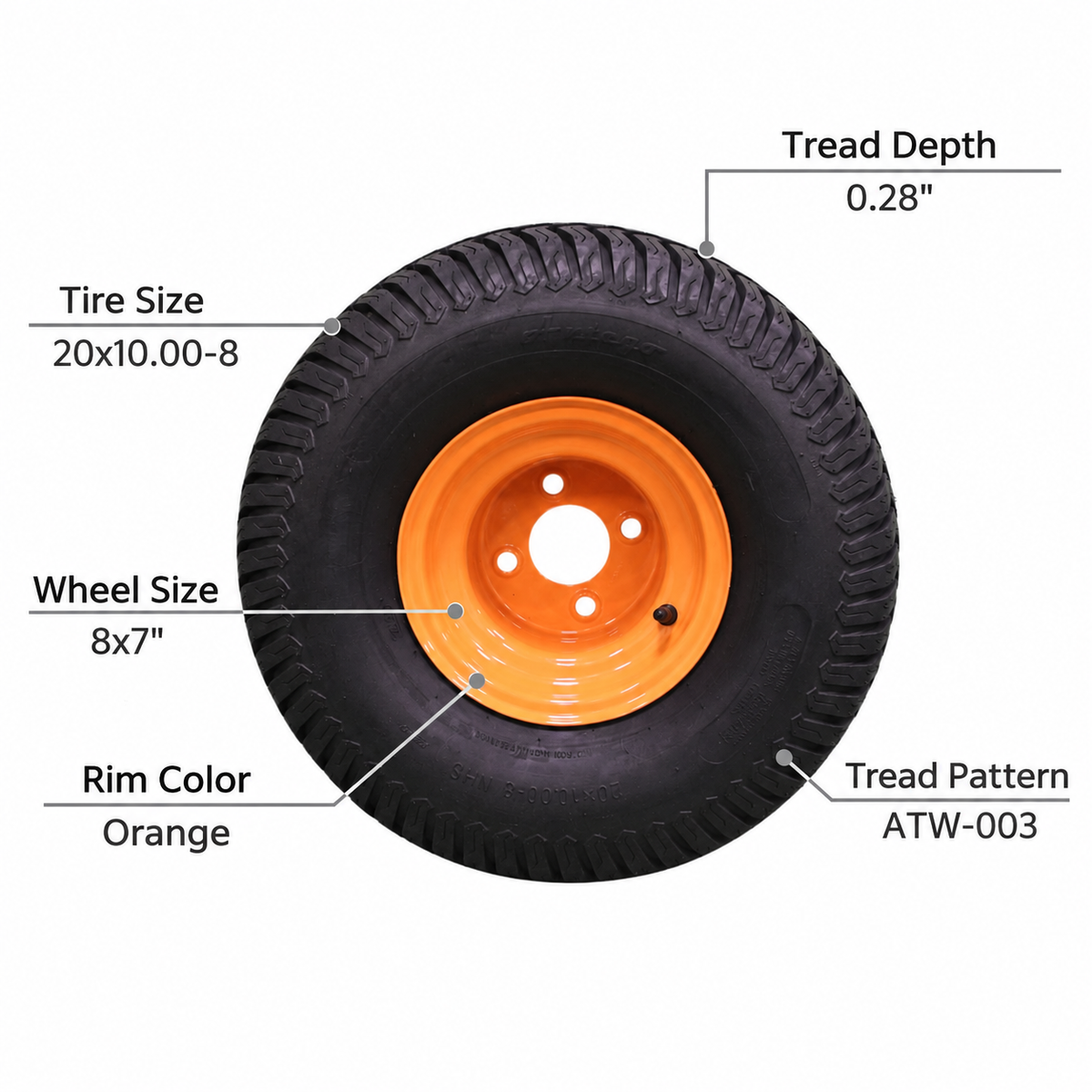 20x10.00-8 tire and 8x7 orange wheel assembly specifications