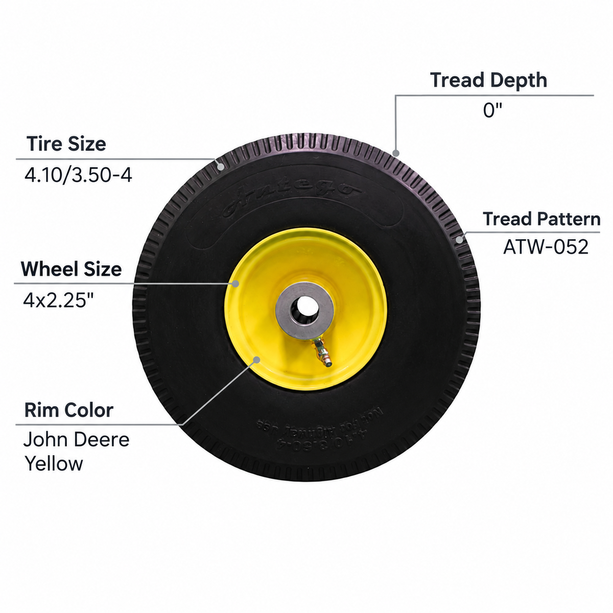 4.10/3.50-4 flat-free tire and 4x2.25 John Deere yellow wheel assembly specifications
