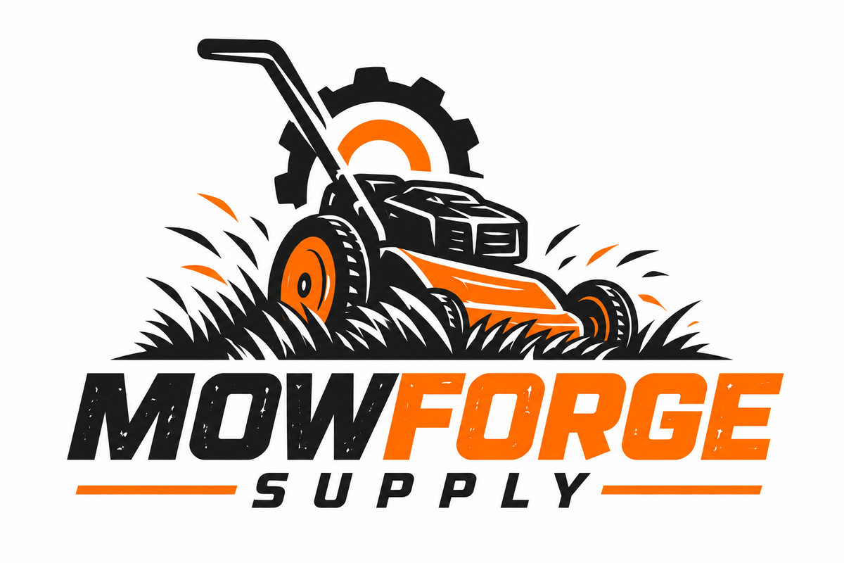 MowForge Supply illustrated orange and black mower badge logo